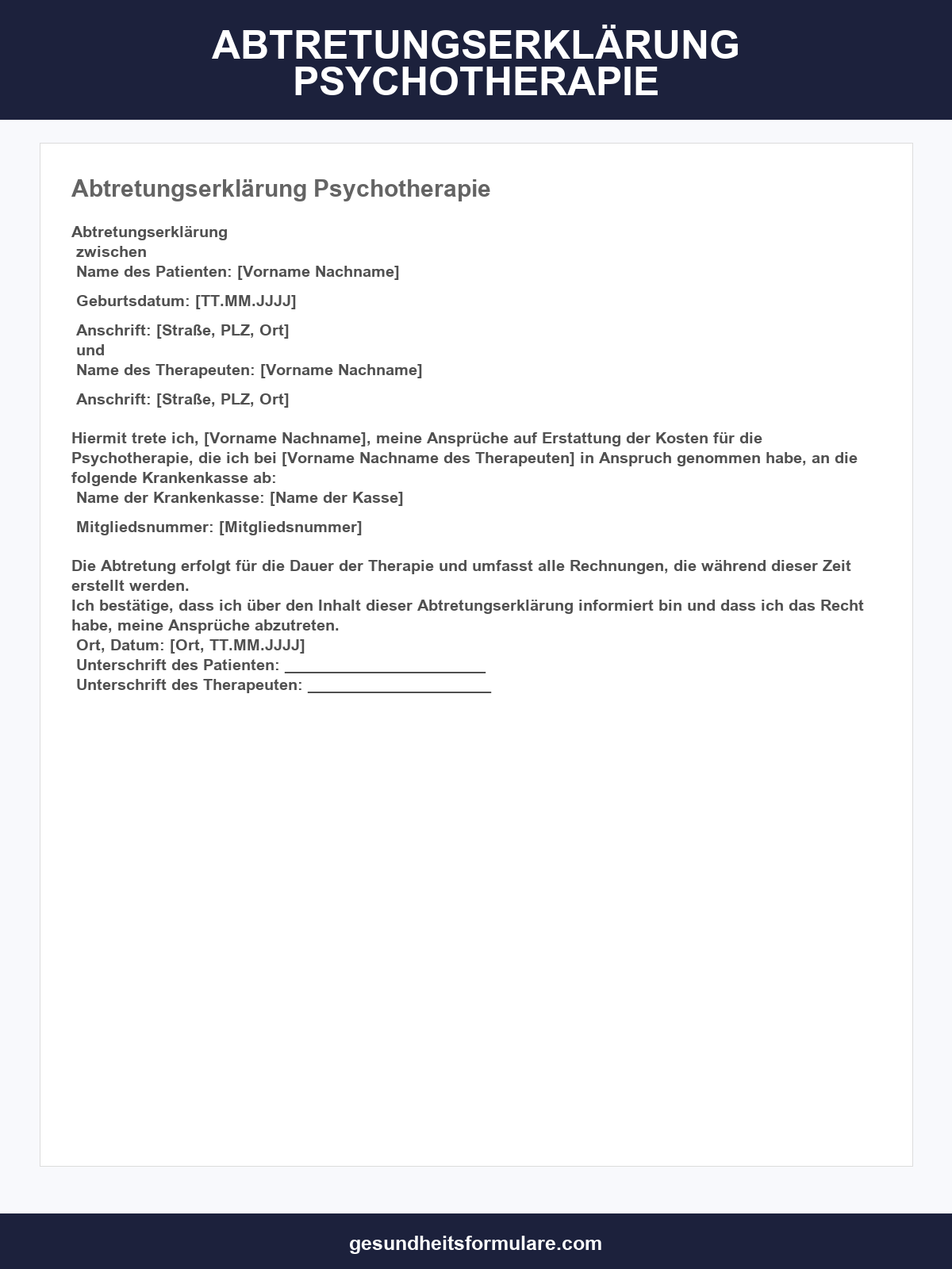 Abtretungserklärung Psychotherapie