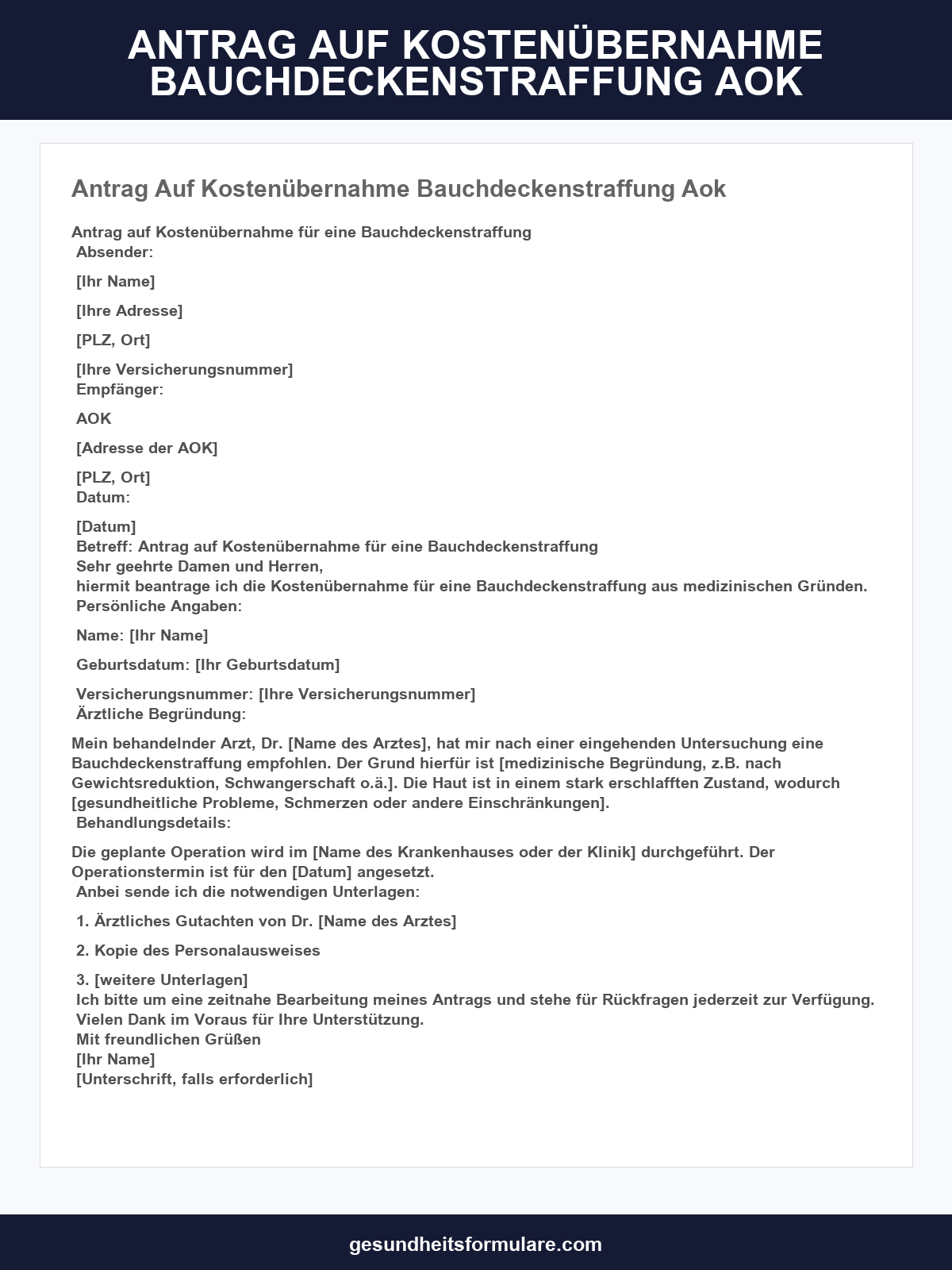 Antrag Auf Kostenübernahme Bauchdeckenstraffung Aok