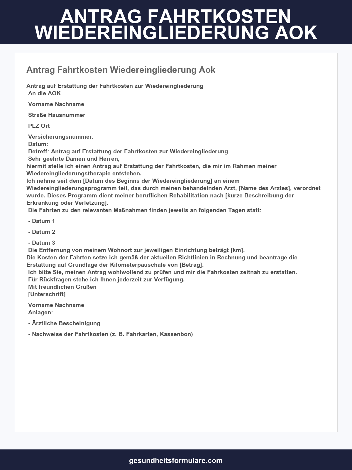Antrag Fahrtkosten Wiedereingliederung Aok