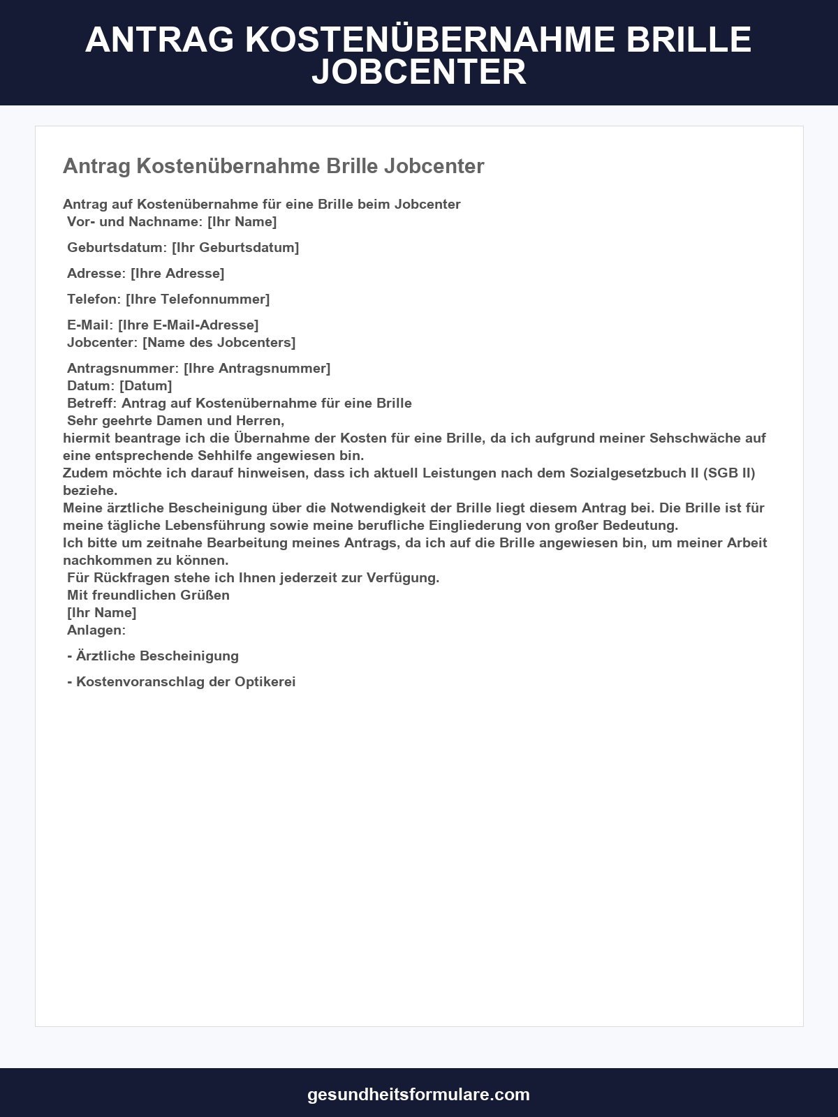 Antrag Kostenübernahme Brille Jobcenter Muster
