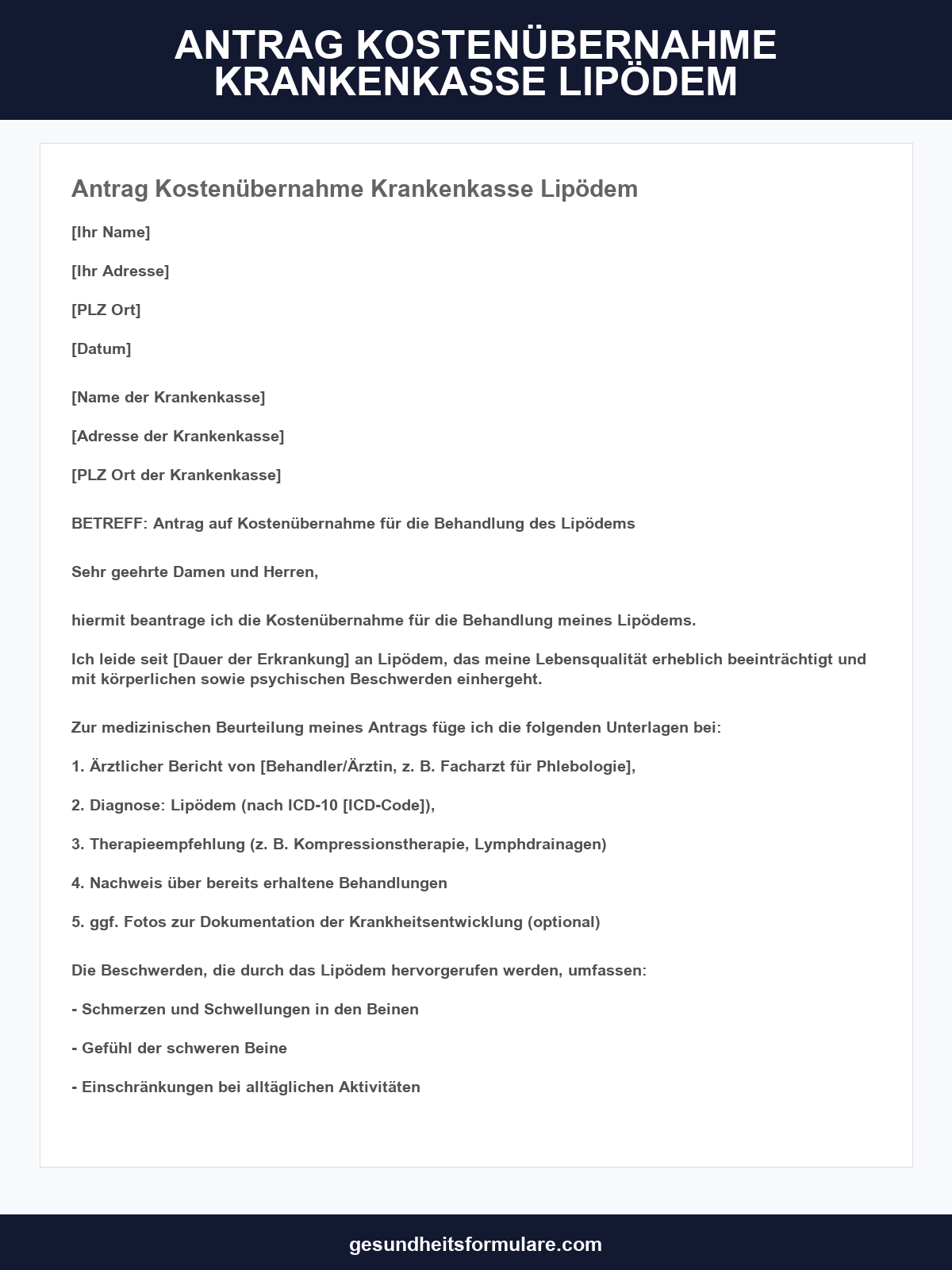 Antrag Kostenübernahme Krankenkasse Lipödem Muster
