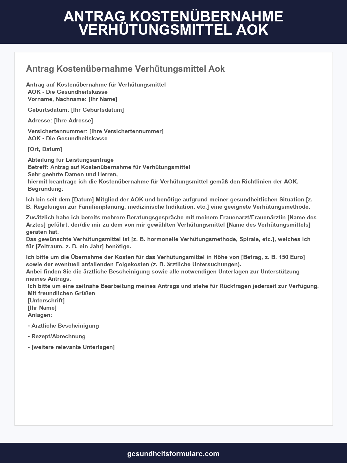 Antrag Kostenübernahme Verhütungsmittel Aok