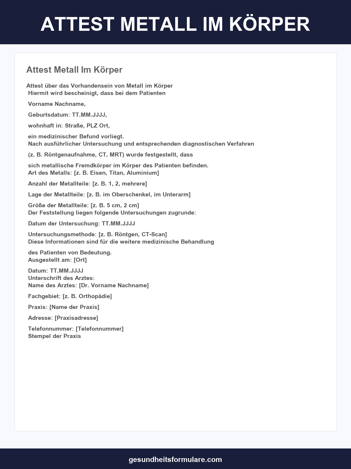 Attest Metall Im Körper Vordruck