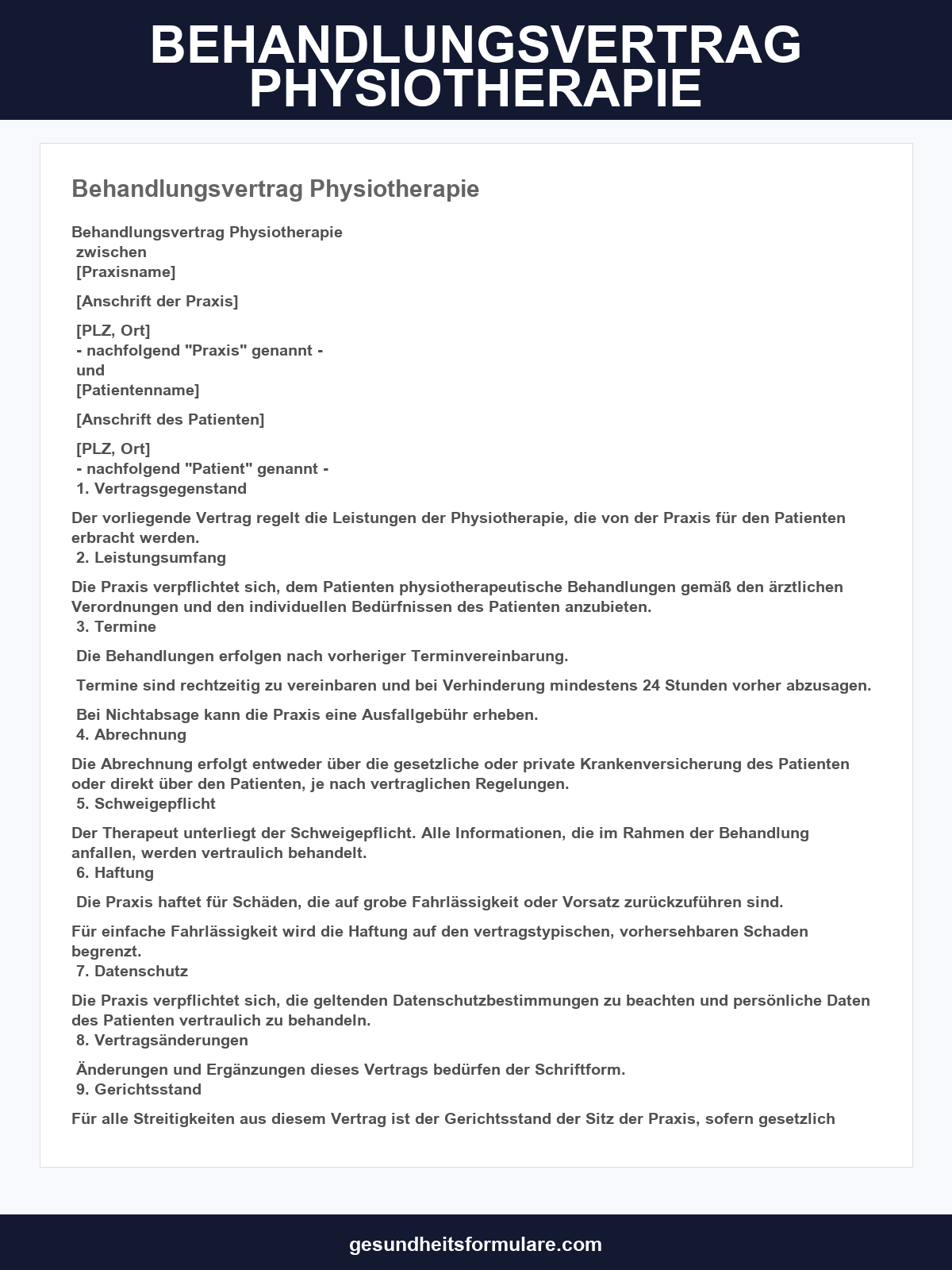 Behandlungsvertrag Physiotherapie Vorlage