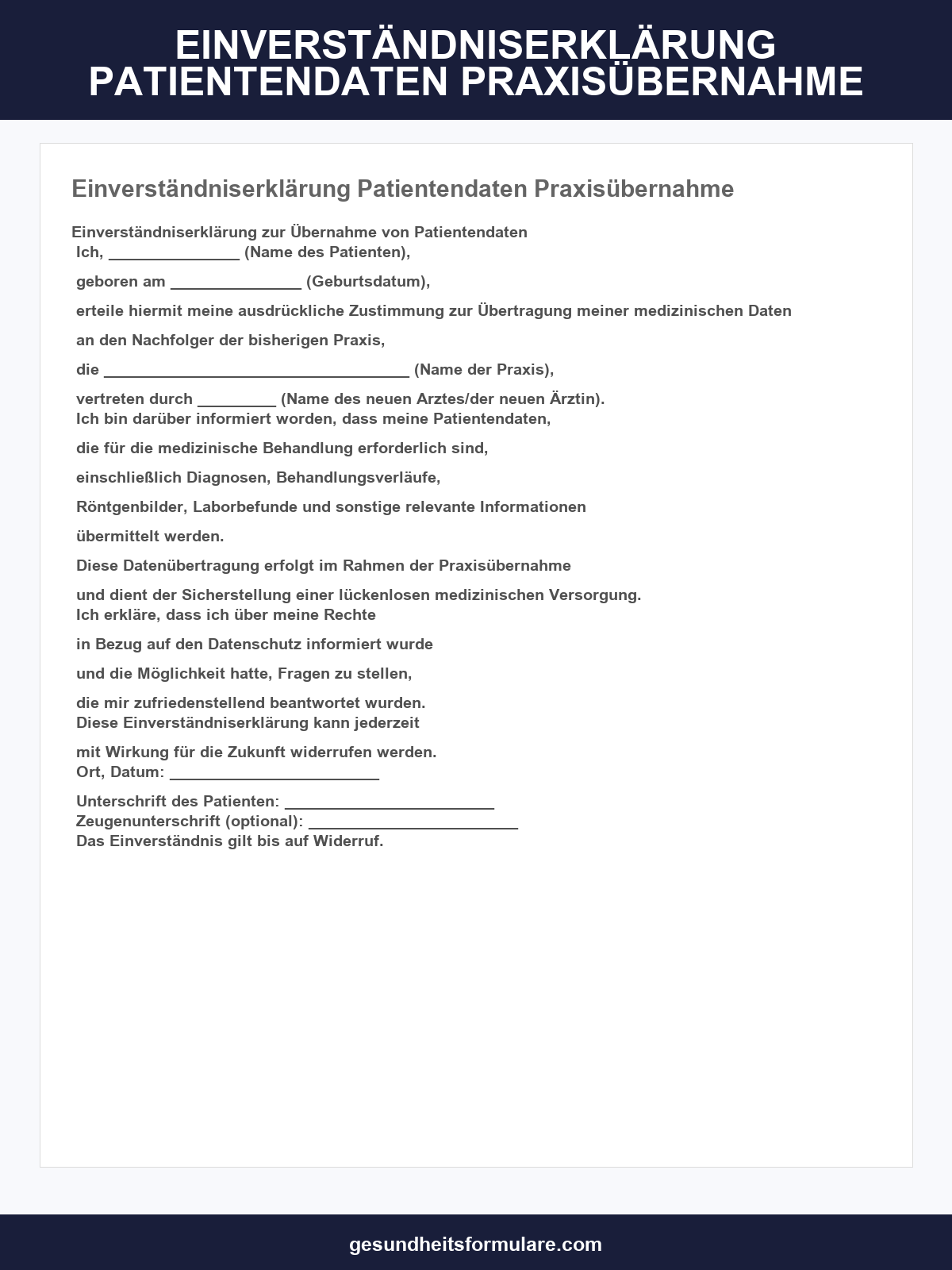 Einverständniserklärung Patientendaten Praxisübernahme Muster