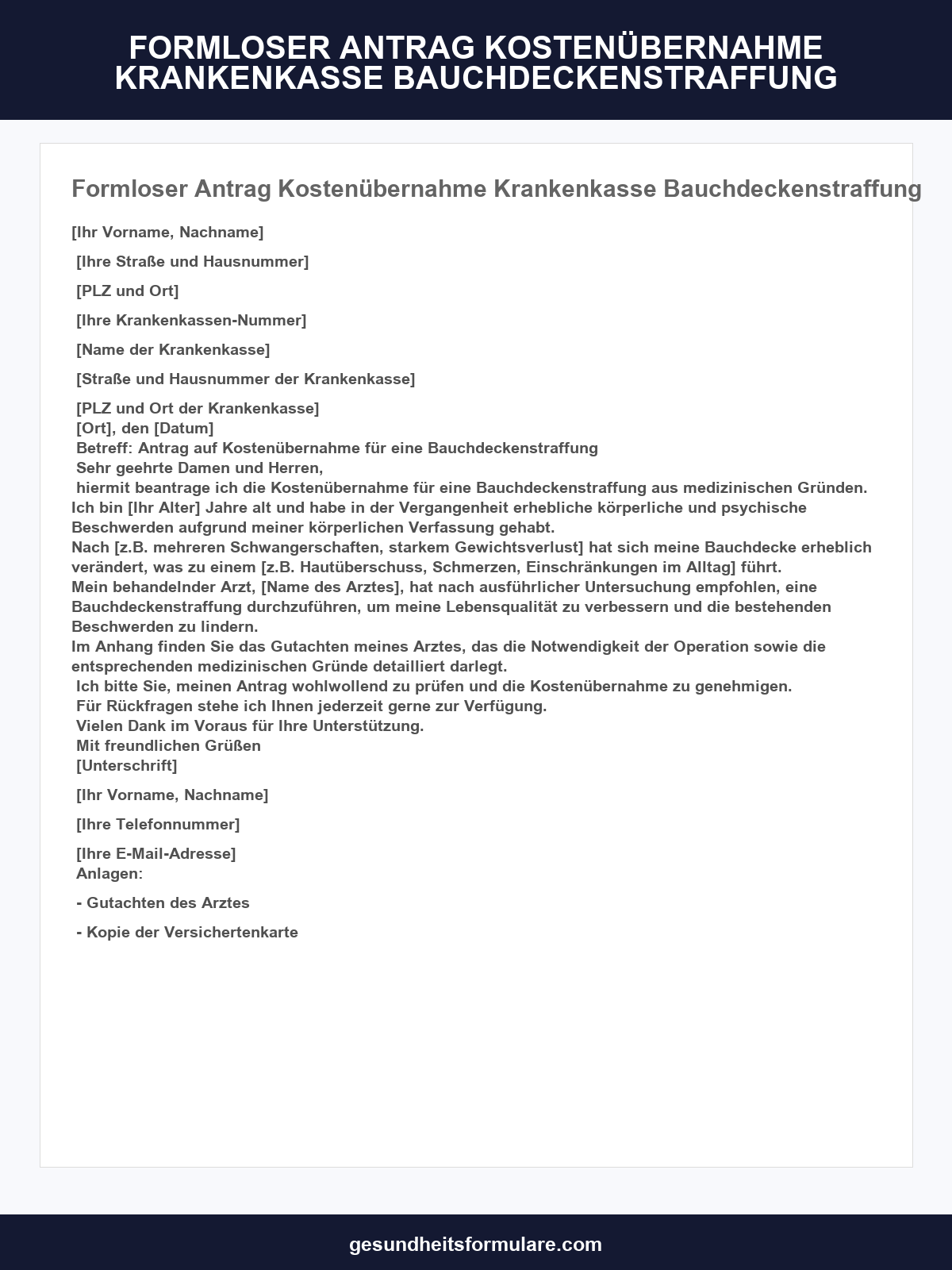 Formloser Antrag Kostenübernahme Krankenkasse Bauchdeckenstraffung