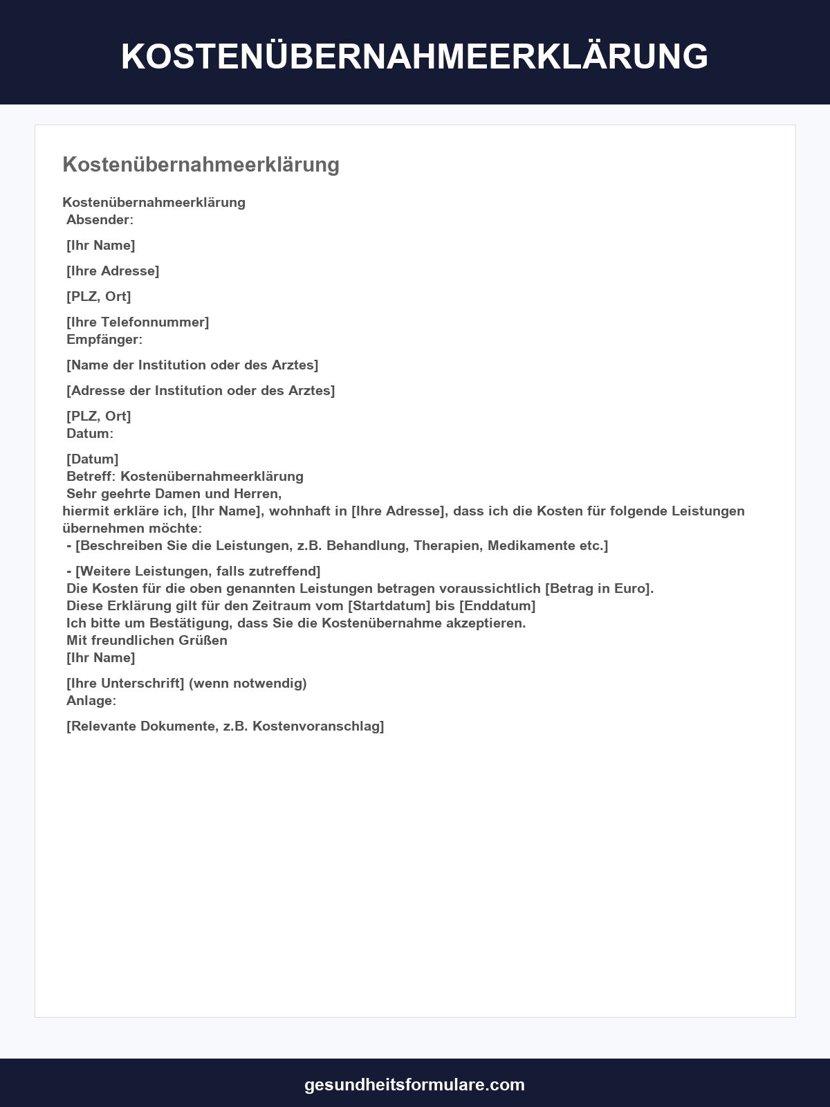 Kostenübernahmeerklärung Vorlage