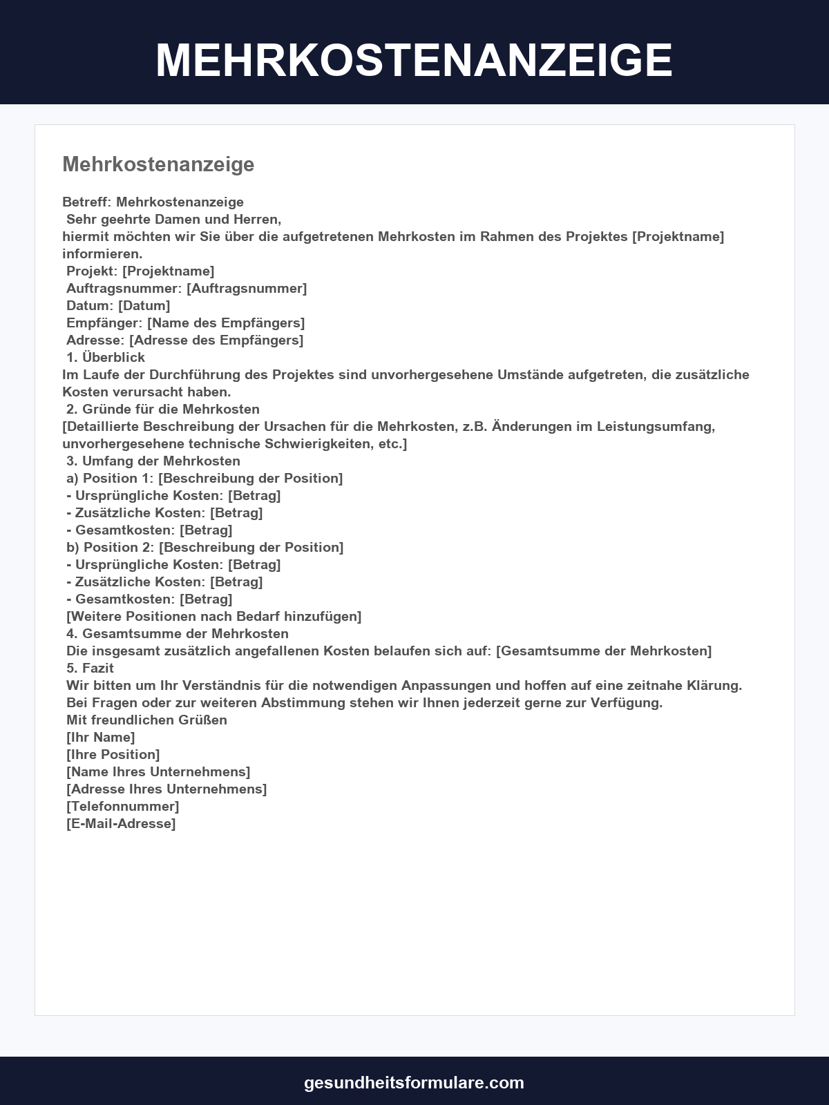 Mehrkostenanzeige Vorlage