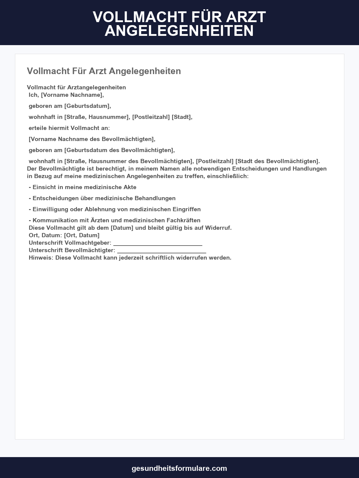 Vollmacht Für Arzt Angelegenheiten
