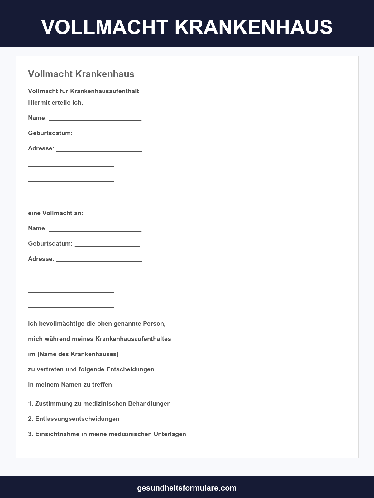 Vollmacht Krankenhaus Vorlage
