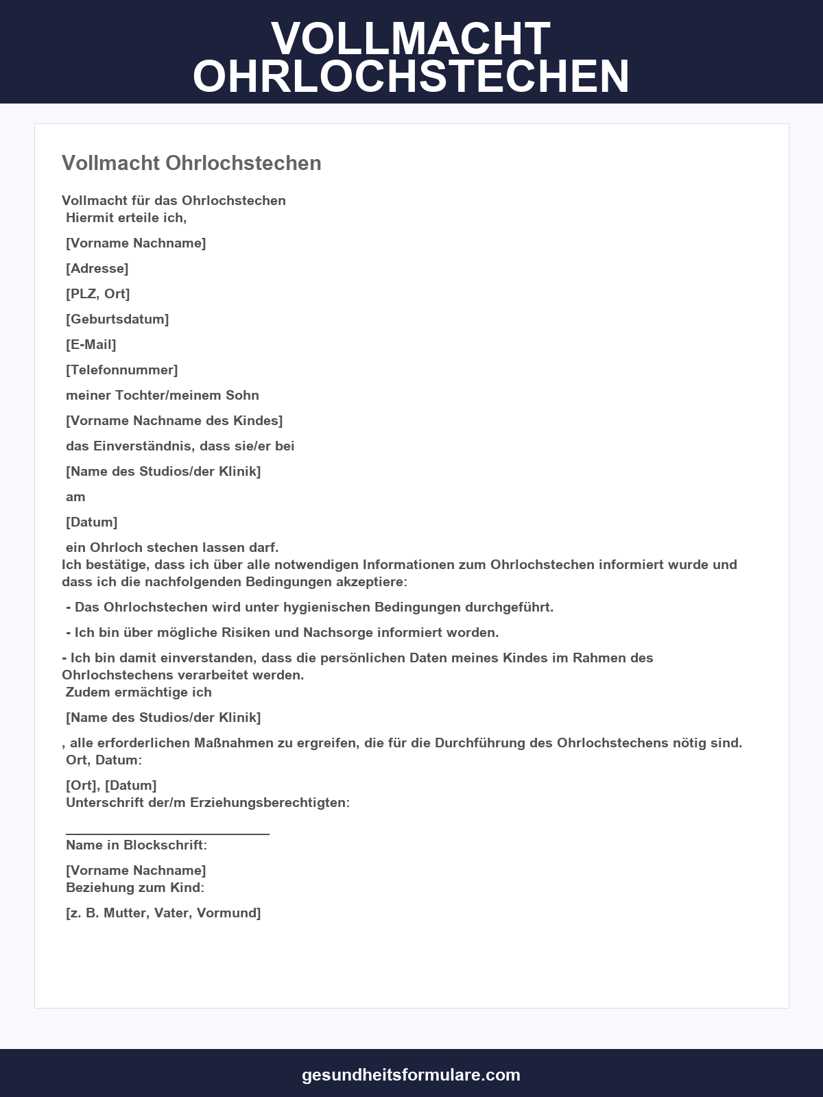 Vollmacht Ohrlochstechen Vorlage