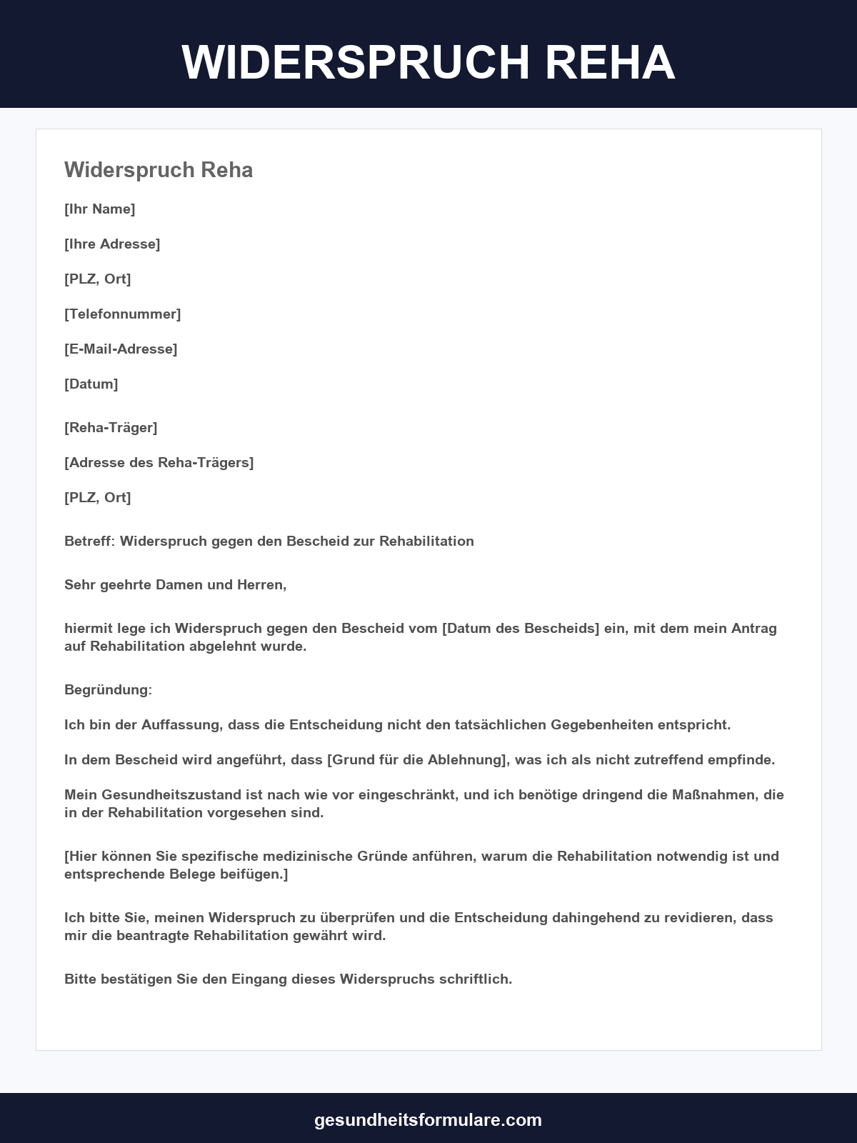 Widerspruch Reha Musterbrief