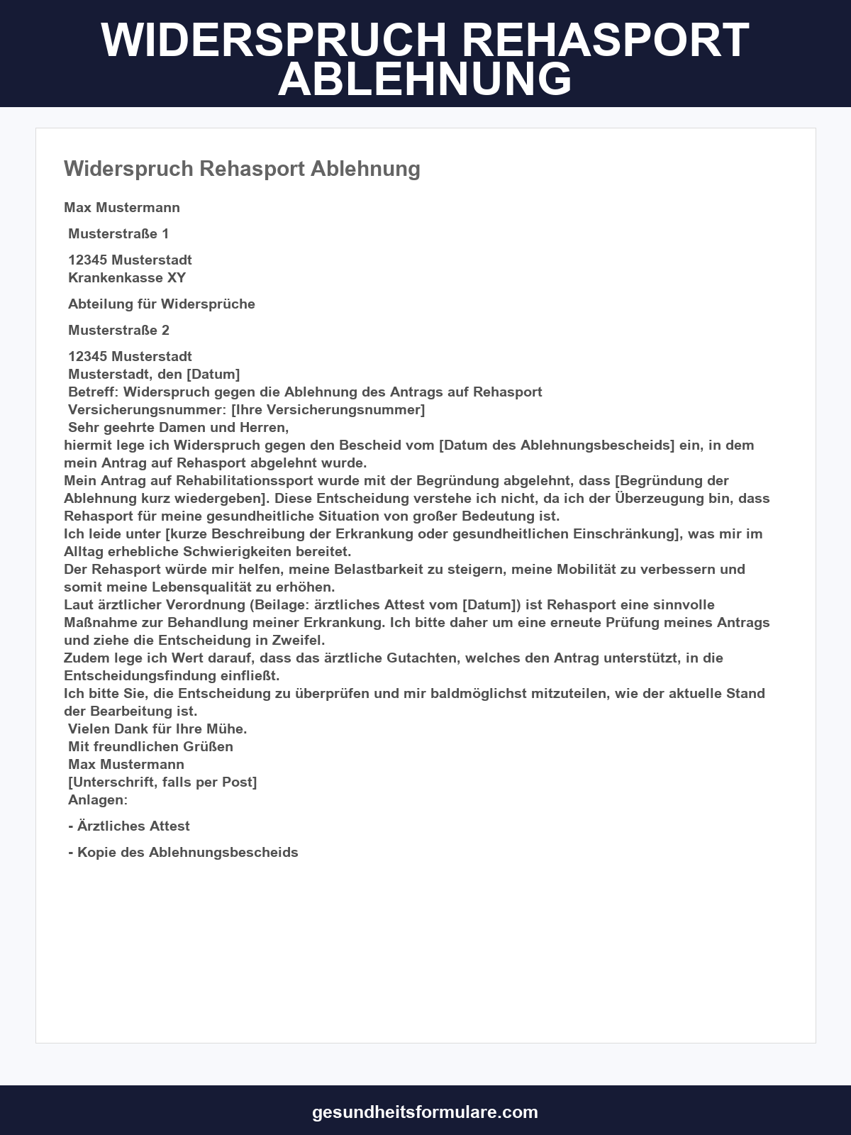 Widerspruch Rehasport Ablehnung Musterbrief