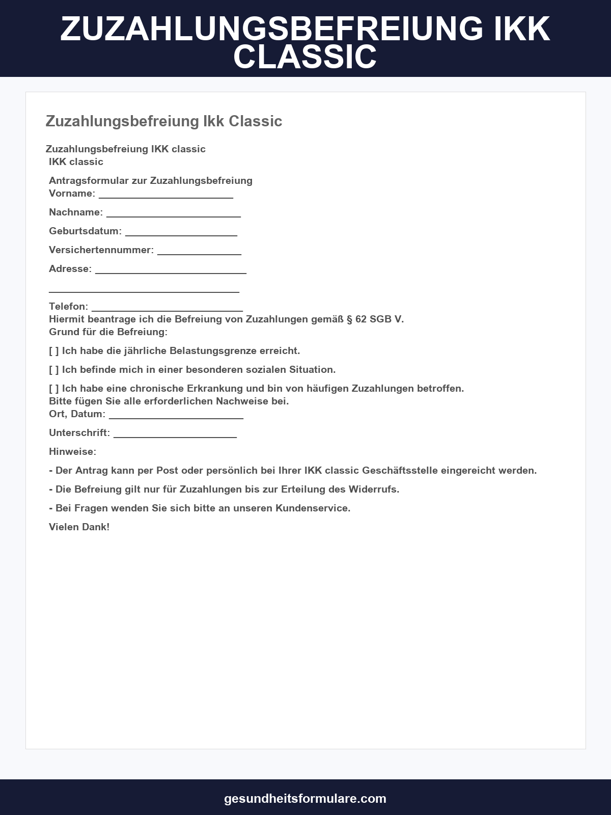 Zuzahlungsbefreiung Ikk Classic Formular